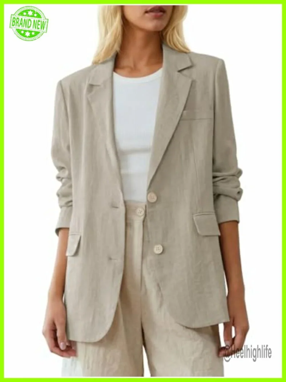 Linen-Blend Open-Front Blazer Long Sleeve Notch Collar Pockets
